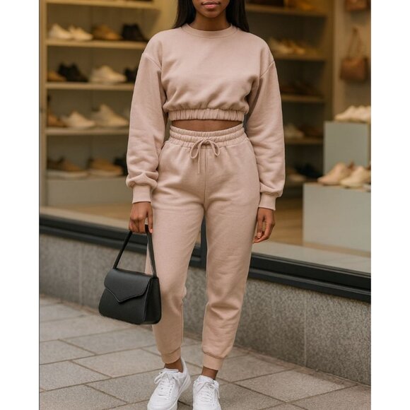 Zenana Outfitters Pants - Zenana 2 Pcs Crop Sweatshirt Tracksuit Jogger Pants Set Outfit Active Loungewear